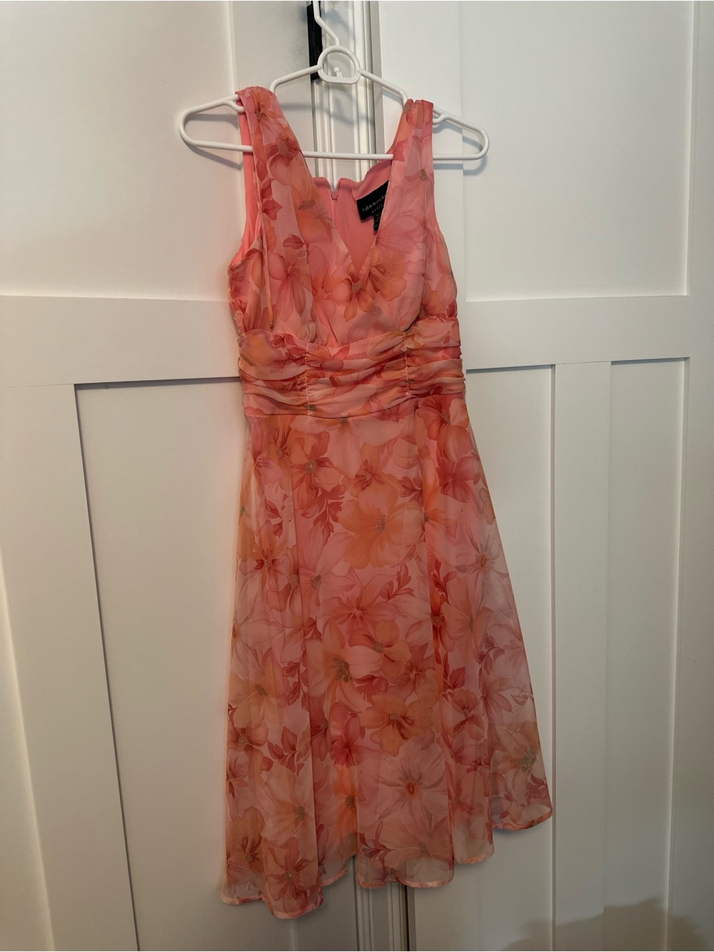 connected apparel Coral-Peach Floral V-Neck Midi Dress